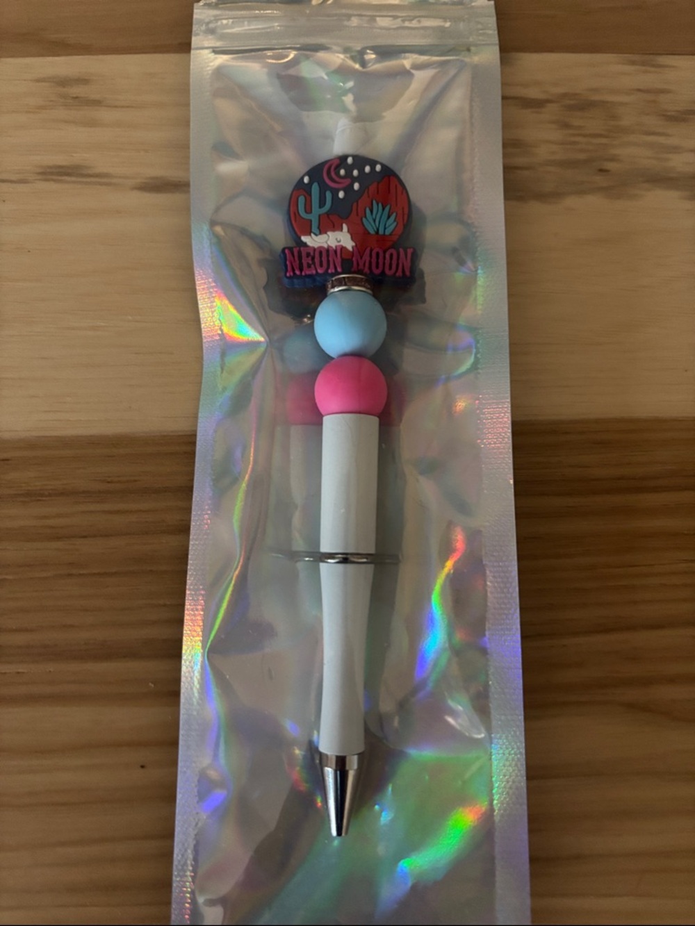 Neon Moon Decorative White Pen with Pink & Light Blue Beads